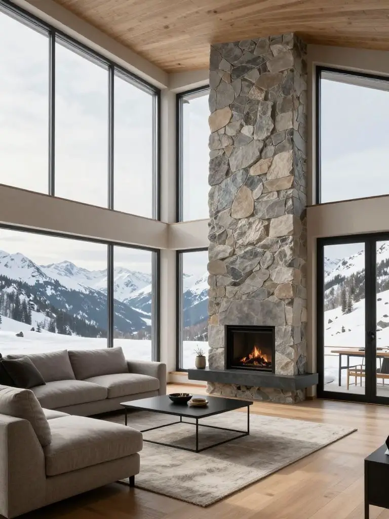 A contemporary mountain cabin living room with double-height ceilings and a sleek vertical stone fireplace acting as the focal point.