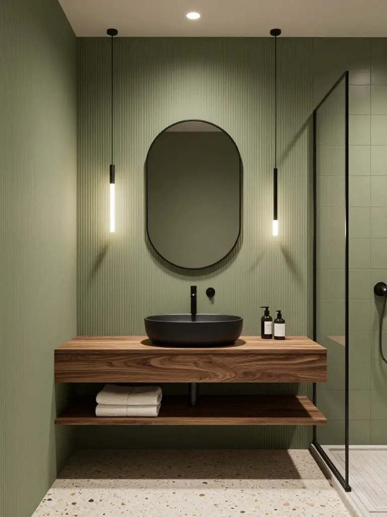 A modern olive green floating vanity bathroom with vertical wall panel detailing and a sleek black oval mirror.