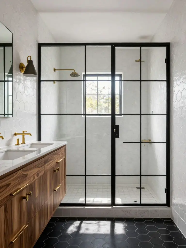 A modern rustic bathroom featuring white hexagon wall tiles paired with black hexagon floor tiles and a black grid-framed glass shower enclo.