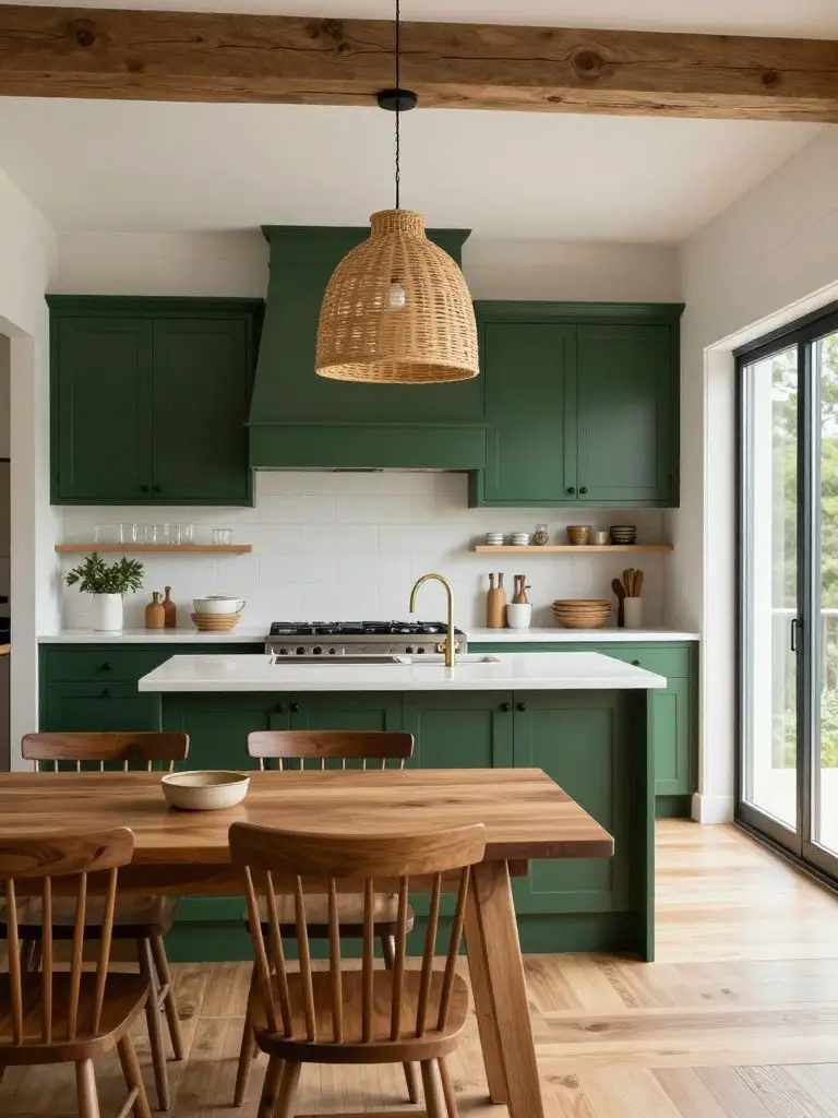 A modern rustic cabin kitchen featuring deep green cabinetry as the hero design element in these cabin decorating ideas.