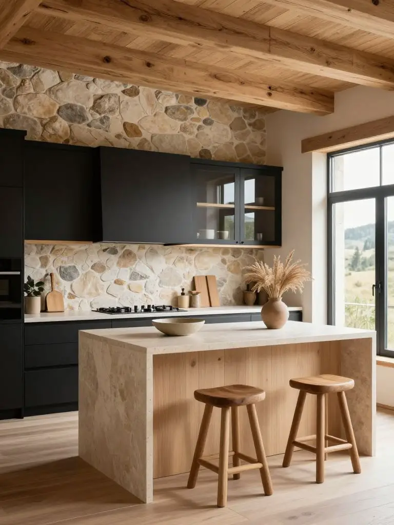 A modern rustic mountain cabin kitchen featuring a light stone backsplash and matte black lower cabinetry paired with a pale wood island.