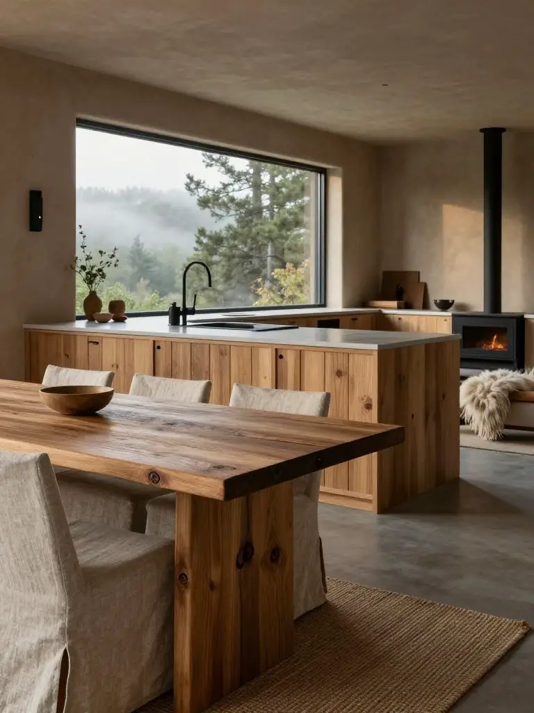 Present a modern rustic eco getaway featuring a spacious open-plan kitchen where the foreground highlights a reclaimed walnut dining table w.