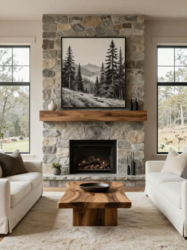 A modern rustic living room centered on a stone fireplace with a thick floating wood mantel and a large monochrome forest artwork above.