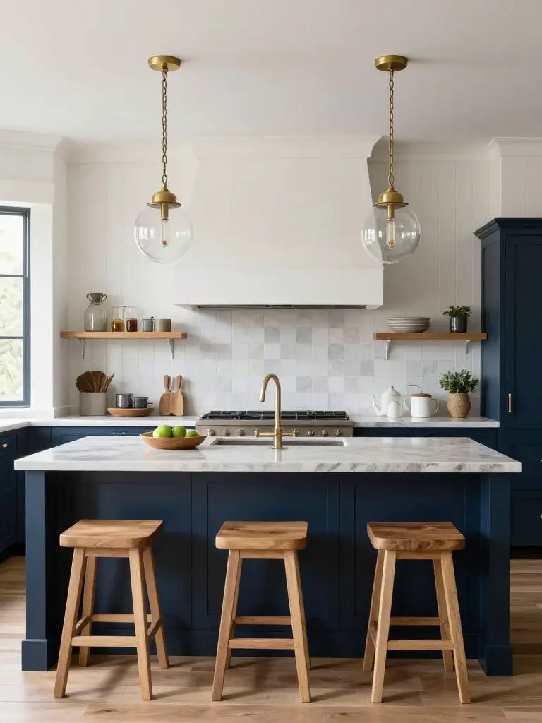 A modern rustic kitchen featuring a deep navy island with paneled detailing topped by a polished stone countertop.
