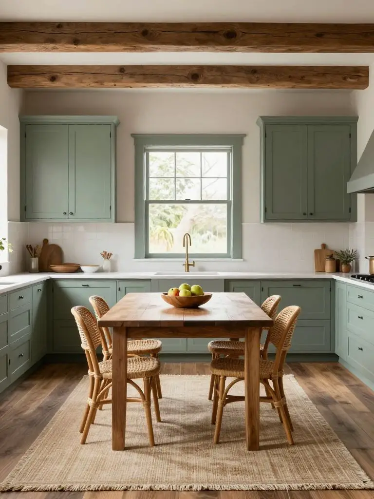 A modern rustic kitchen showcasing sage green shaker cabinetry as the defining focal element.