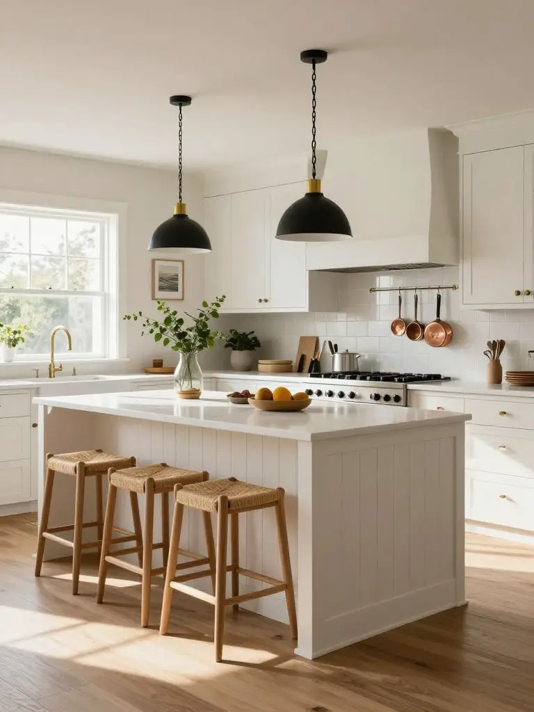 A modern rustic kitchen in Transitional Farmhouse style featuring white shaker cabinetry and a large central island with vertical panel deta.