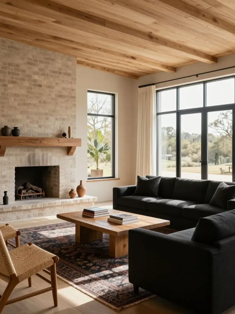 A spacious modern rustic living room with a light brick fireplace anchoring the left wall and a sleek black sofa positioned opposite a low s.