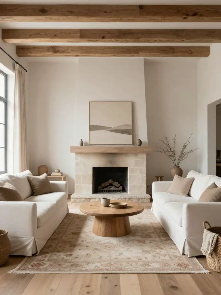 A modern rustic minimalist neutral living room with exposed wooden ceiling beams as a defining architectural feature.