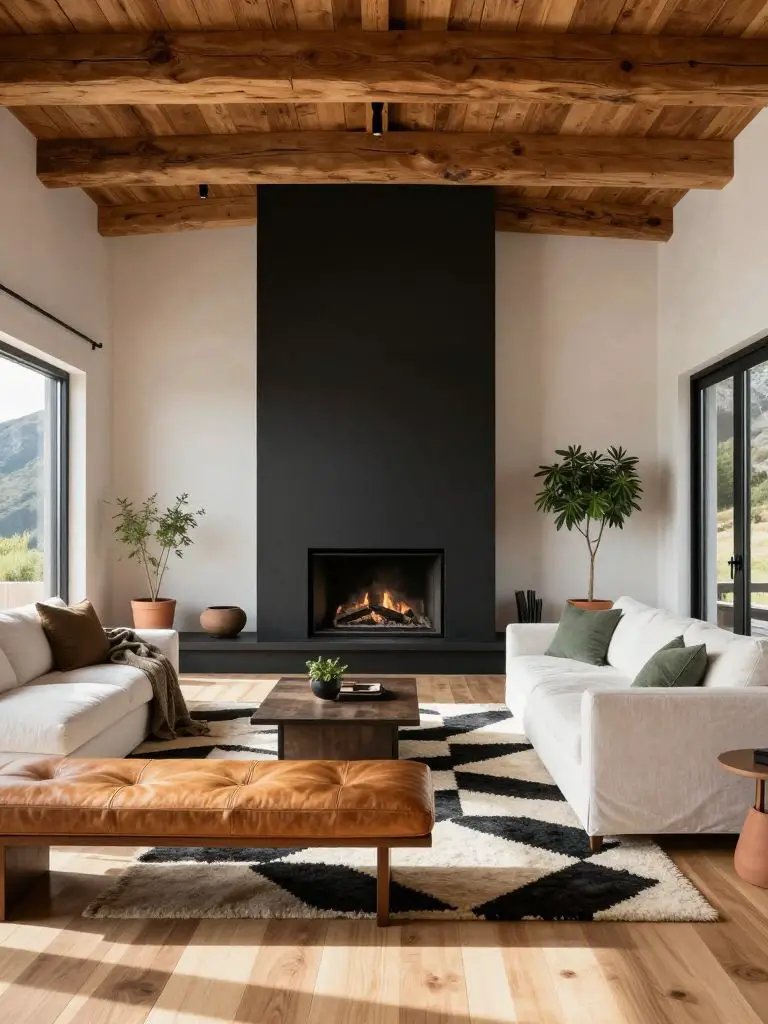 A modern open-plan mountain cottage living room with exposed timber ceiling beams and a sleek matte black fireplace wall.