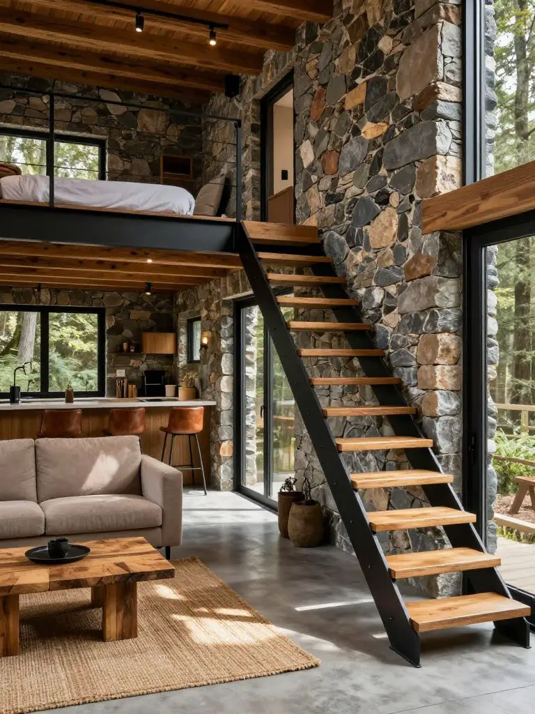 A modern rustic tiny cabin featuring a dramatic stone accent wall and floating wooden staircase.