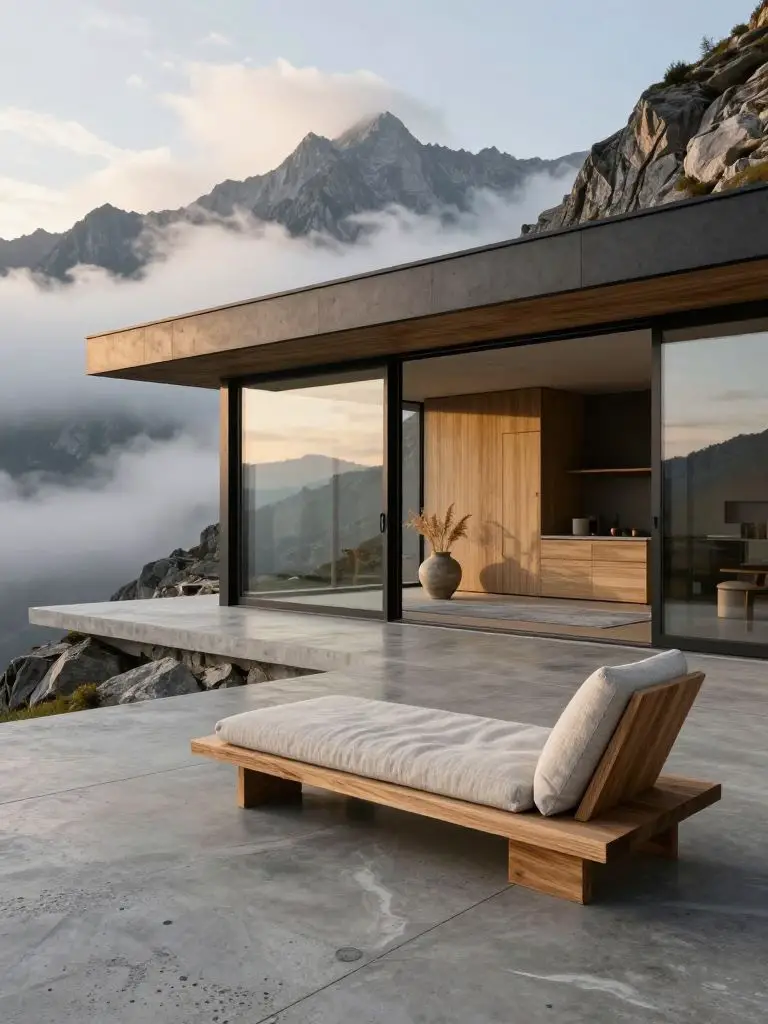 A sleek, modern sanctuary perched atop a dramatic mountain ridge, enveloped by swirling clouds and rocky terrain, is bathed in the golden li.