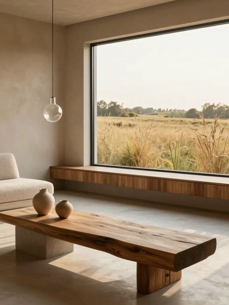 Showcase a modern sanctuary that blends calm minimalism with unexpected artisanal touches: in the foreground, a sculpted recycled wood bench.