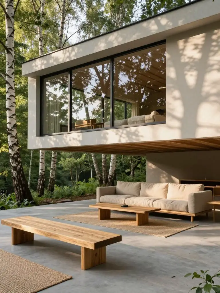 Photograph the living space of a modern treehouse perched among mature birch trees, where a cantilevered room with floor-to-ceiling glass wa.