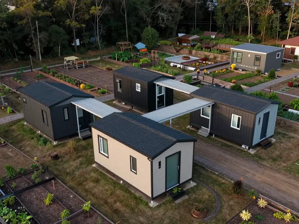 aerial photograph of modular cabin compound with three connected structures, covered breezeway between buildings, each module different size.