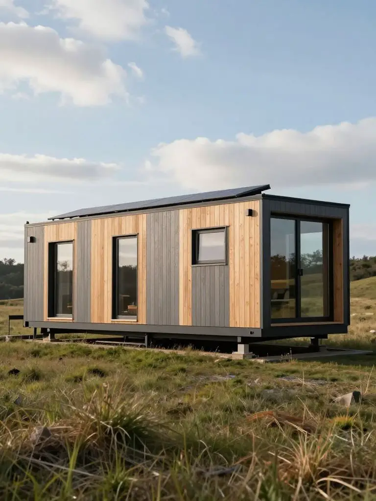exterior of a sleek modular prefab eco-home with clean lines, wood cladding, and modern minimalist design set on a grassy hillside.