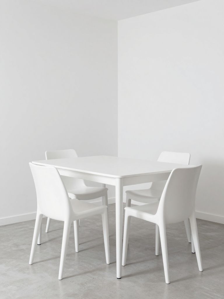 interior photography of an all-white monochrome minimalist dining room in small apartment, white lacquered rectangular table, four white mol.