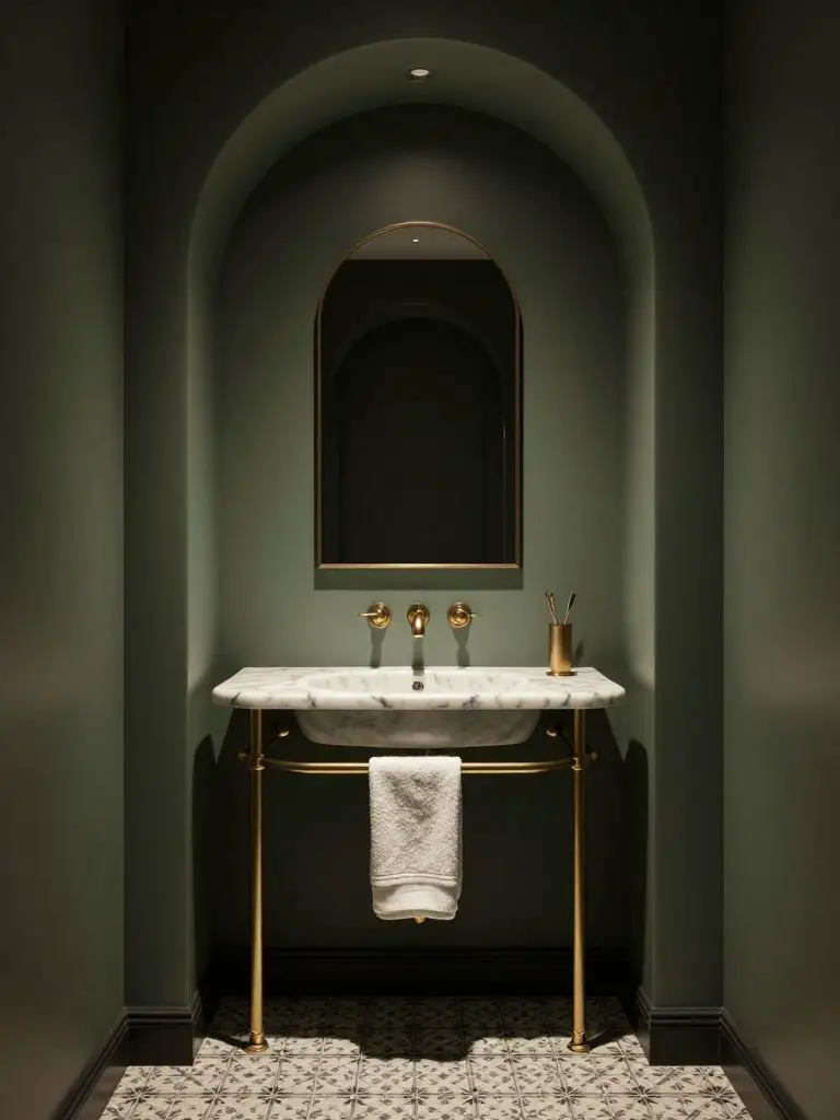 A moody arched alcove bathroom featuring deep forest-sage walls and a dramatic arched niche framing a slim marble console sink with brass le.