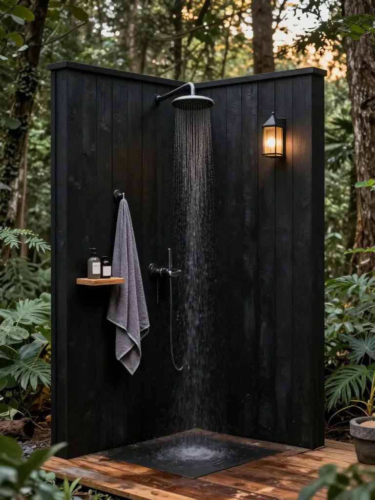 A forest-surrounded off grid shower retreat clad in deep charcoal-stained timber, designed in a moody modern rustic style.