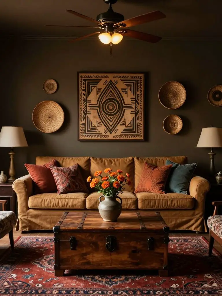A moody boho country living room featuring a deep olive-brown accent wall that creates dramatic contrast against warm camel upholstery.