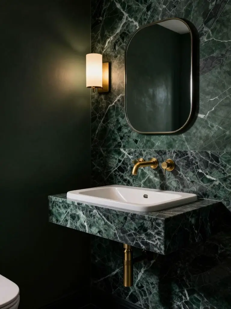 A moody dark green marble bathroom showcasing dramatic veined stone walls and a sleek floating white sink.