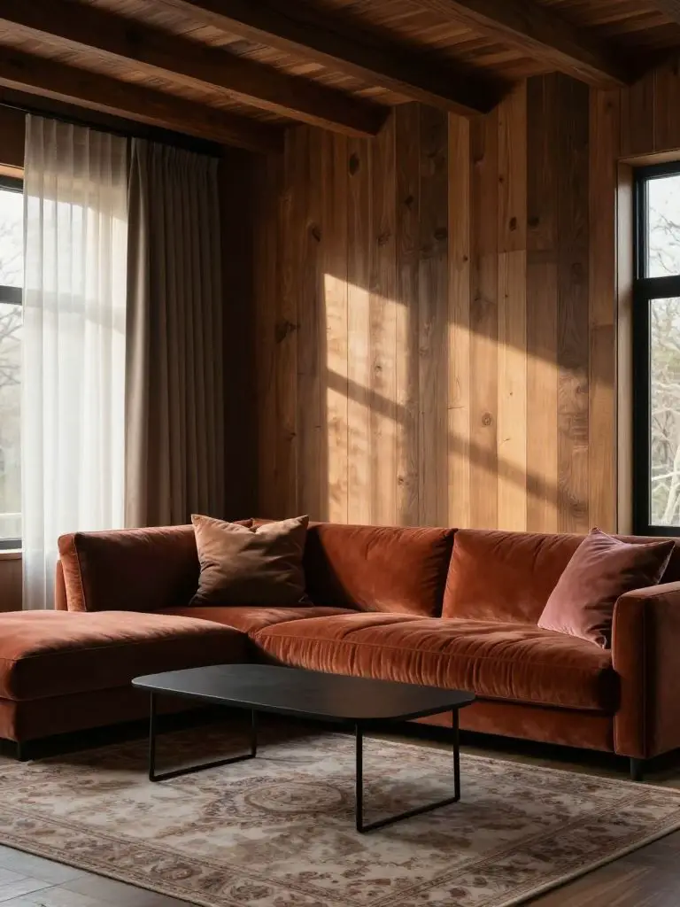 A moody modern earthy living room wrapped in warm wood paneling and ceiling beams in a Modern Rustic style.