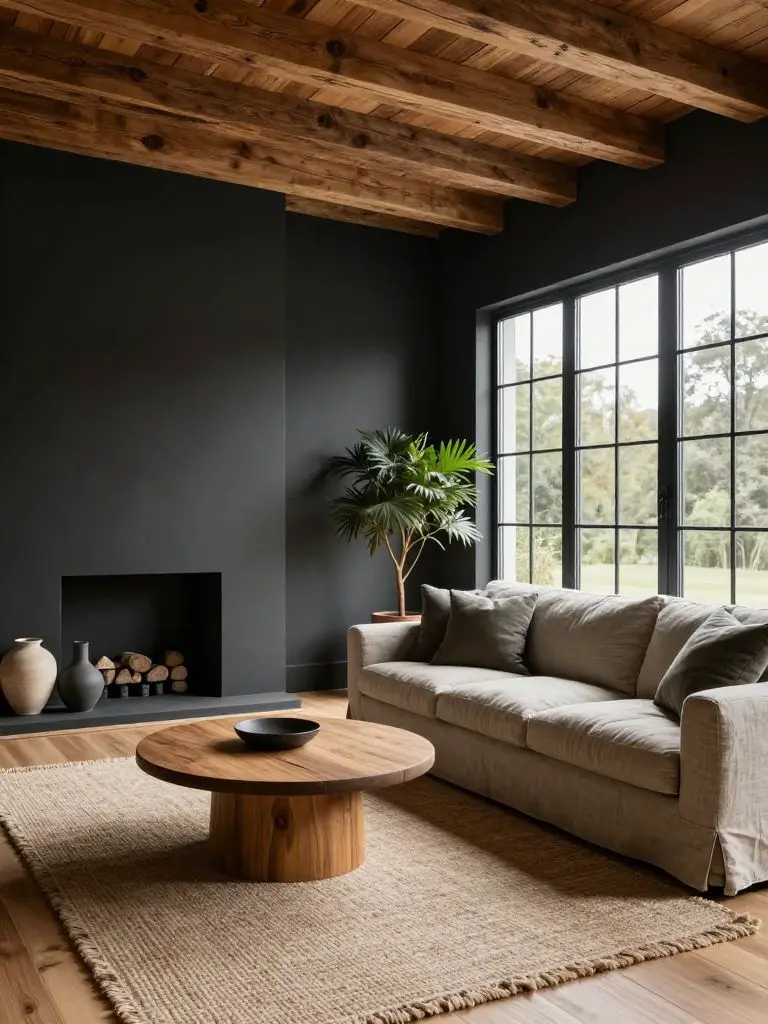 Modern Rustic sustainable living room with deep charcoal eco-friendly accent wall and exposed reclaimed timber ceiling beams.
