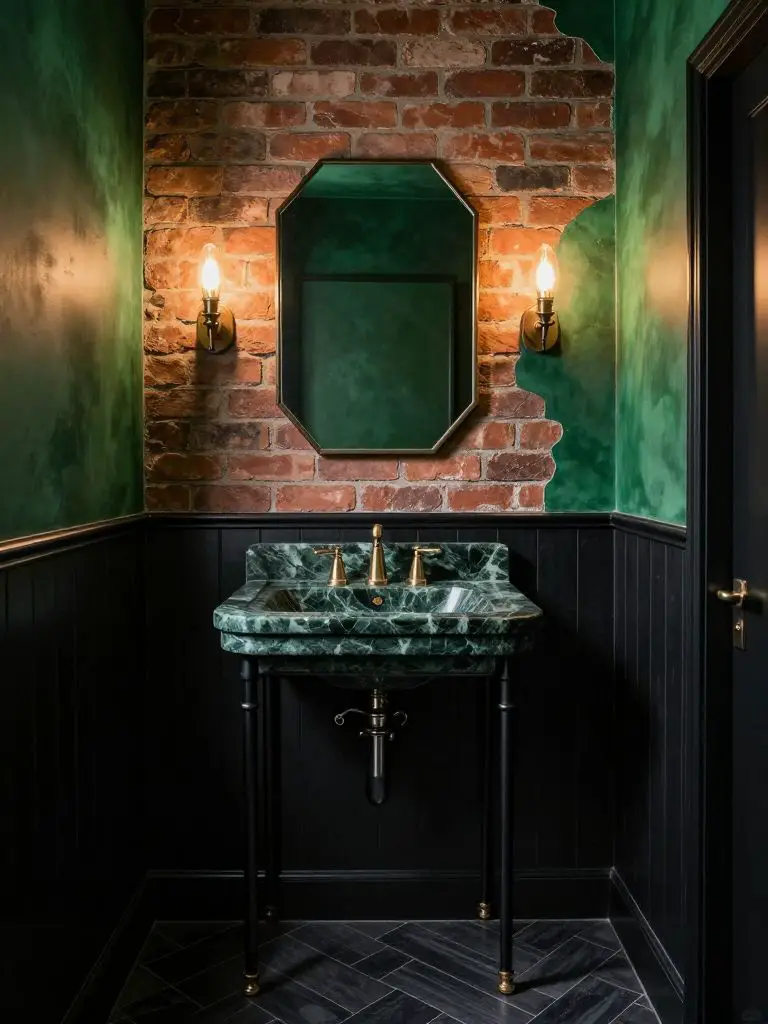 A moody emerald bathroom blending deep emerald plaster walls with exposed warm-toned brick and black beadboard wainscoting.