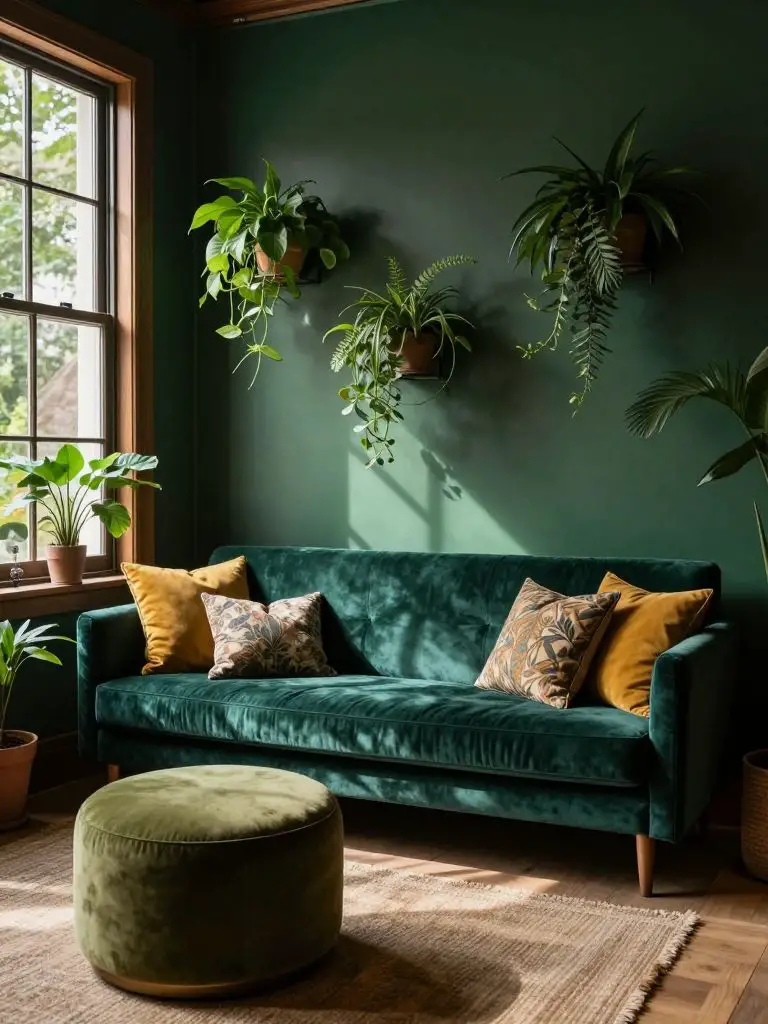 A moody eco friendly lounge showcasing a deep green wall and velvet sofa as the hero subject.