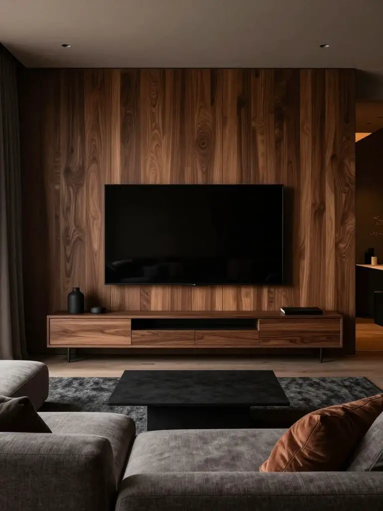 A moody Japandi media room featuring a wall of vertical wood paneling framing a large screen as the central focal point.