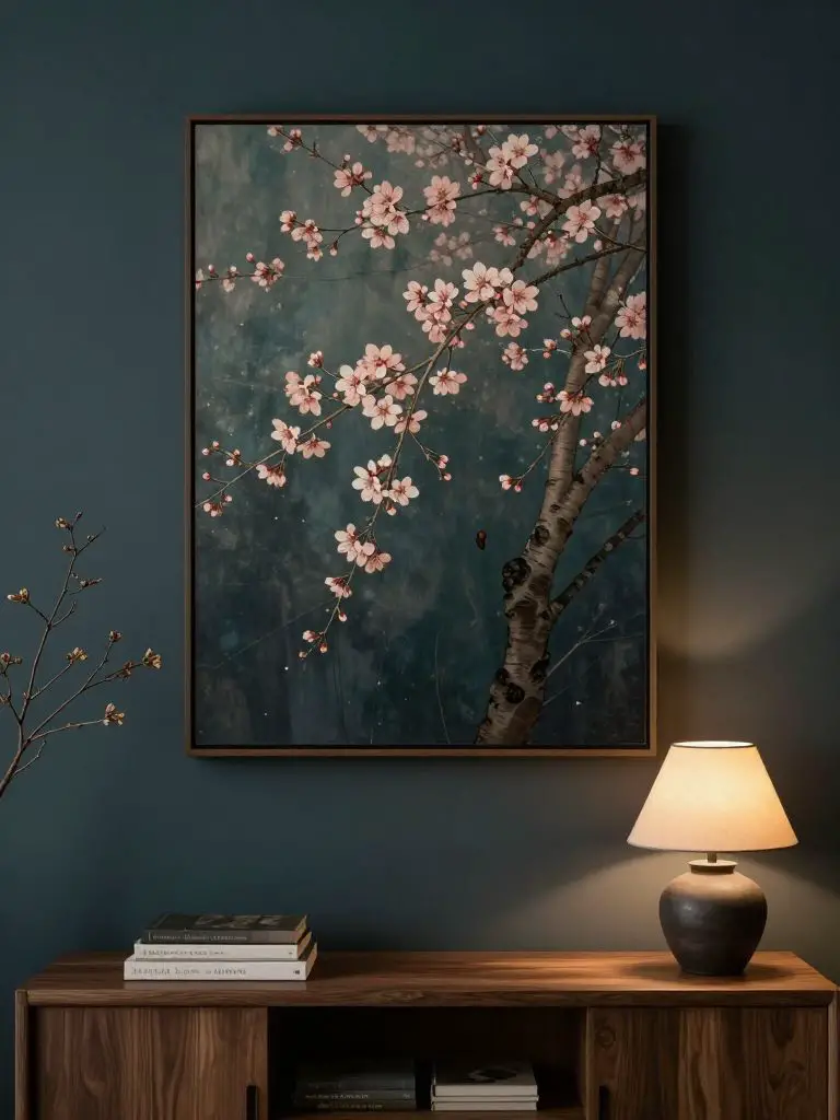 A moody Japanese-inspired art wall featuring a large framed cherry blossom painting set against a deep muted teal wall.