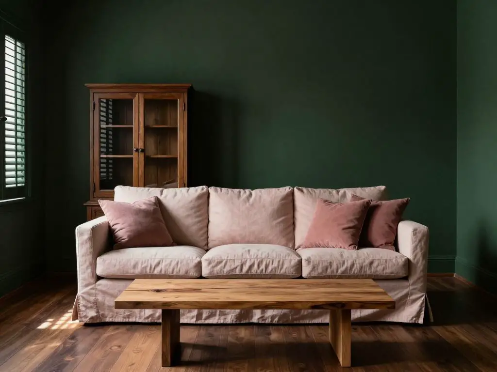 A moody minimalist living room with deep forest green walls and rich walnut flooring, styled in Modern Rustic Minimalist design.