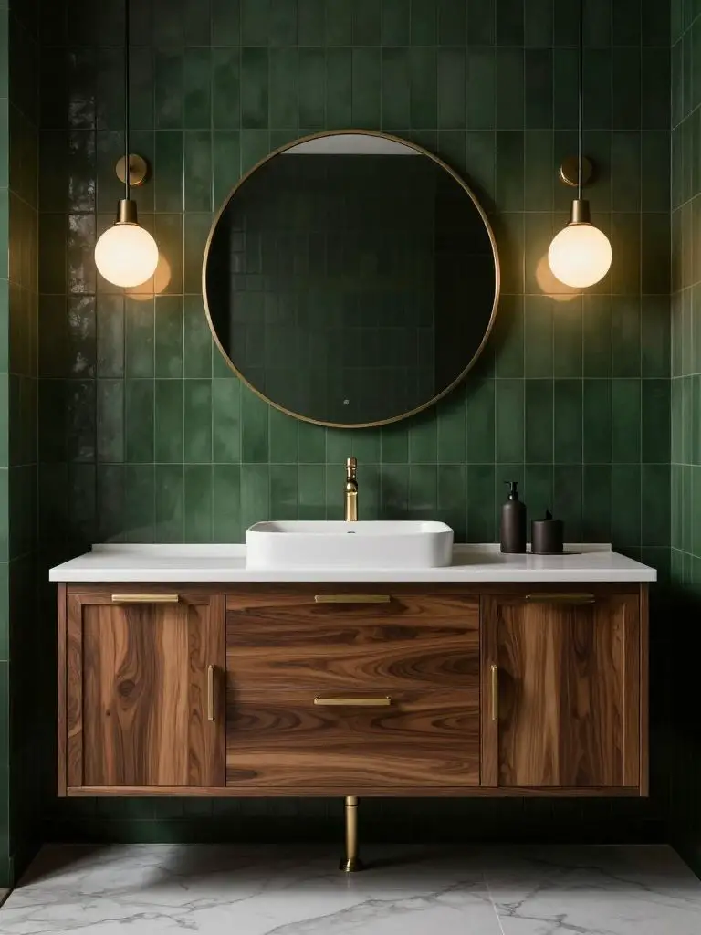 A moody modern dark green vanity scene with a rich walnut floating cabinet and oversized circular mirror.