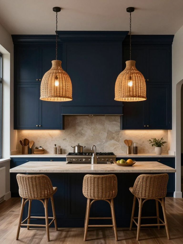 A moody navy earthy kitchen with tall paneled cabinetry and woven rattan pendant lights suspended above a stone-topped island.