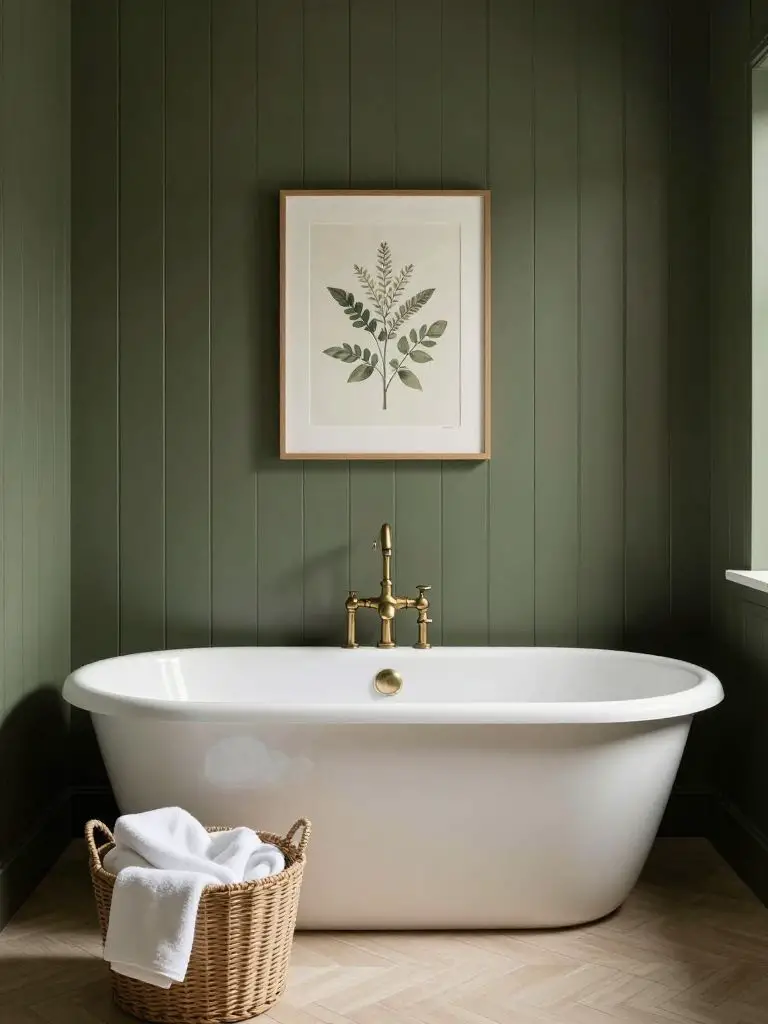 A moody olive green paneled bathroom with a freestanding tub centered against vertical beadboard walls.
