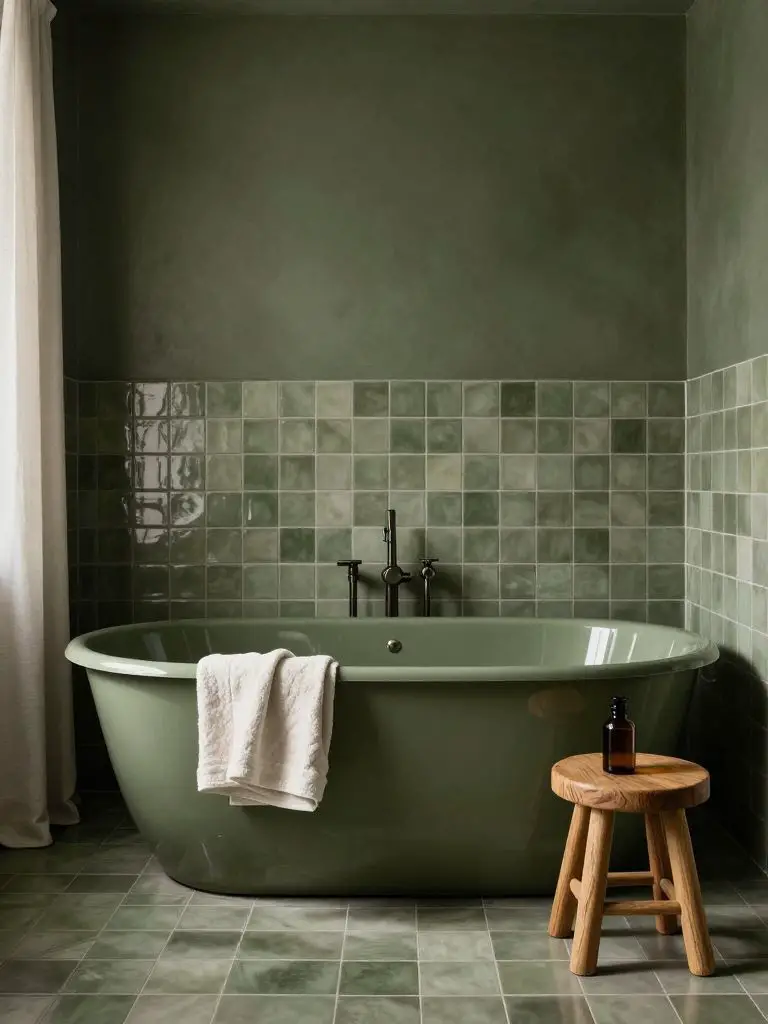 A moody olive green bathroom featuring a deep soaking tub set against matte olive walls and glossy square tile wainscoting in a slightly lig.