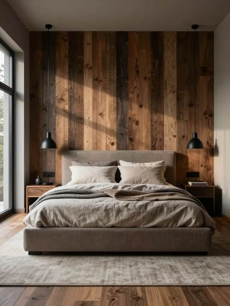 A moody modern rustic bedroom featuring a reclaimed wood plank accent wall behind a fully upholstered platform bed in warm taupe linen.