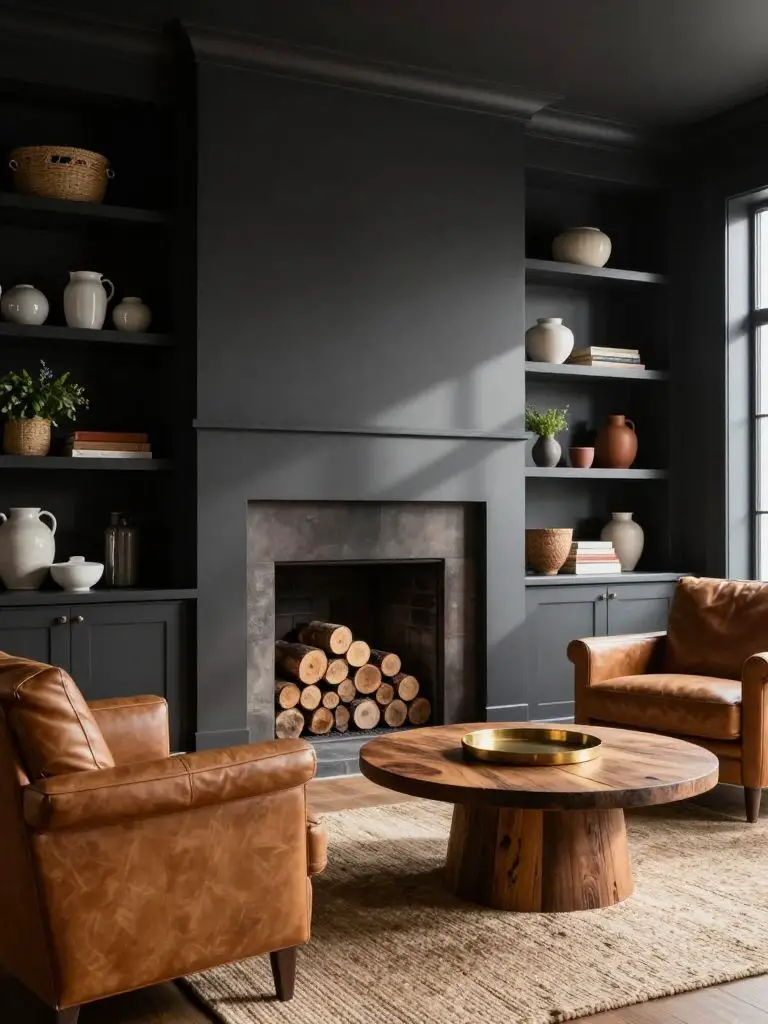 A moody modern rustic living room with deep charcoal built-in shelving surrounding a fireplace stacked with cut logs.