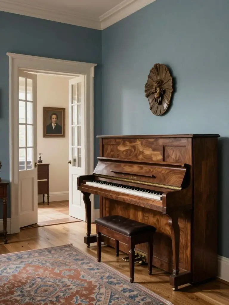 A moody rustic music room in Transitional Rustic style featuring a warm walnut upright piano as the focal subject against soft slate blue wa.