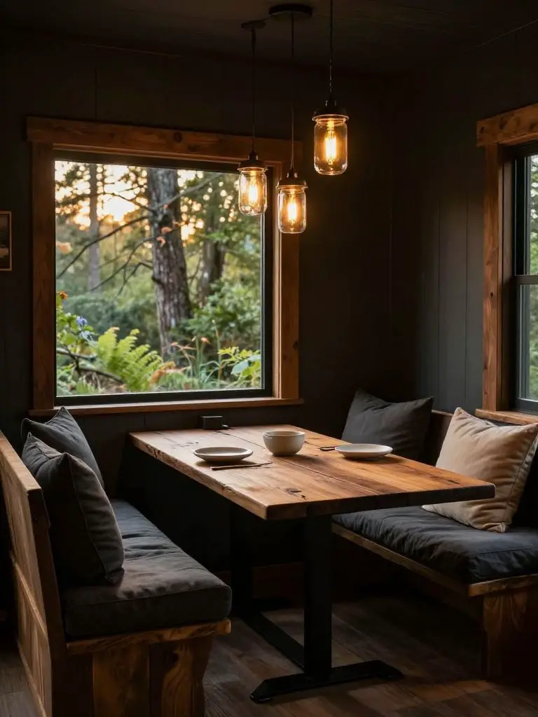 A moody rustic tiny cabin dining corner featuring a built-in bench upholstered in charcoal linen and topped with plush throw pillows.