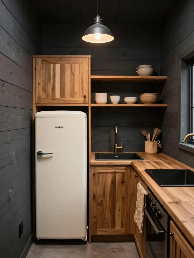 A moody rustic tiny home kitchen with charcoal-stained wood plank walls and compact retro-style cream refrigerator as the focal point on the.