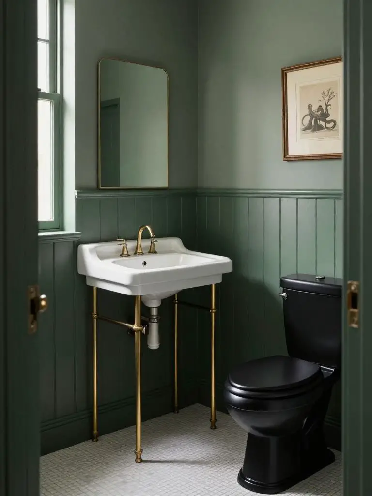 A moody powder room featuring deep sage vertical wainscoting paired with lighter sage upper walls, creating subtle tonal contrast.
