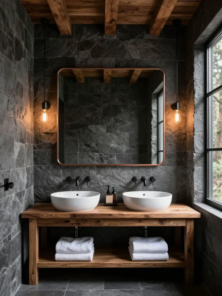A moody modern rustic bathroom wrapped in deep gray slate stone tiles with exposed wood ceiling beams overhead.