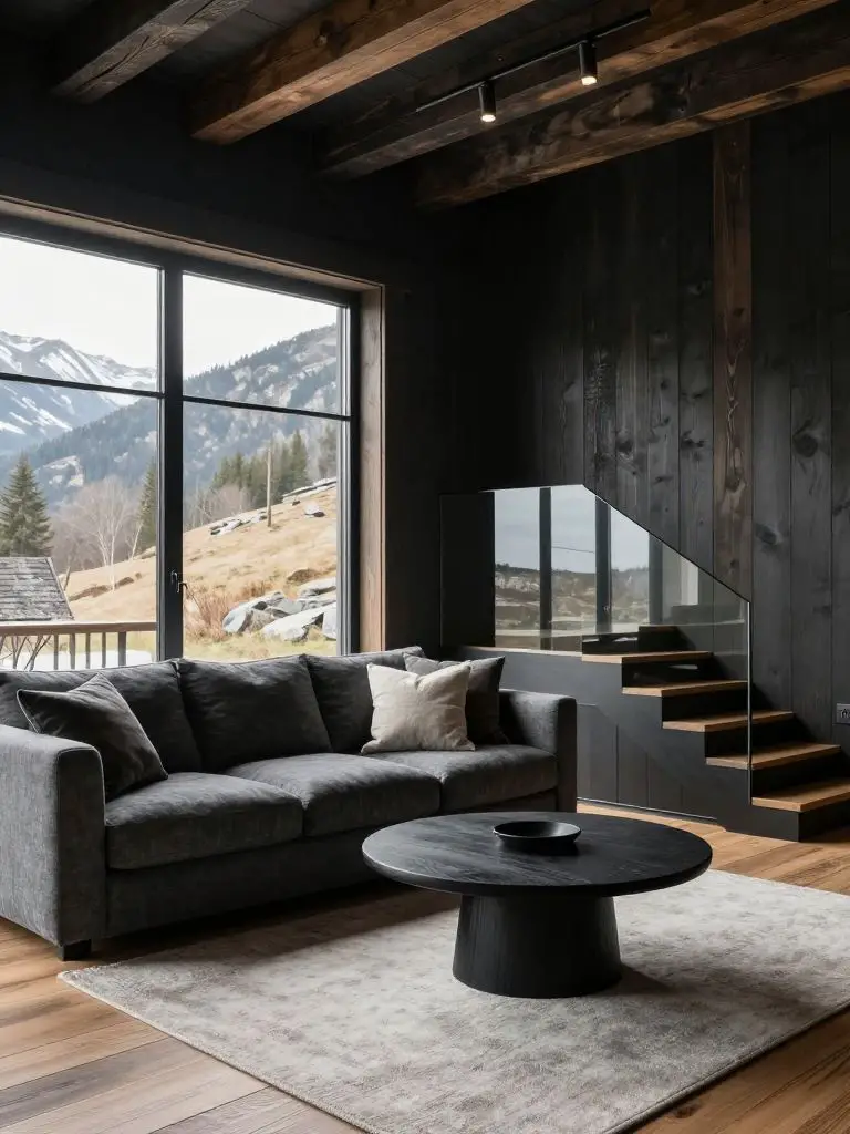 A moody contemporary mountain cottage interior clad in dark-stained timber walls and exposed beams, styled in Modern Rustic with Scandinavia.