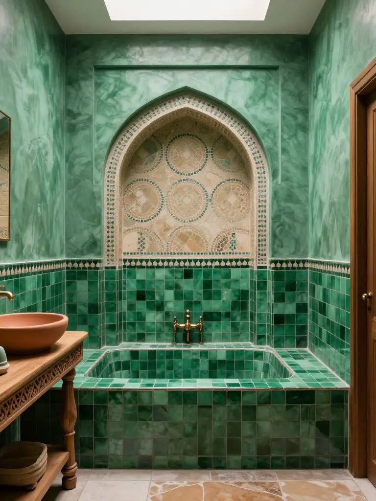 A Moroccan-inspired emerald bathroom centered around a tiled arched niche above a built-in soaking tub.