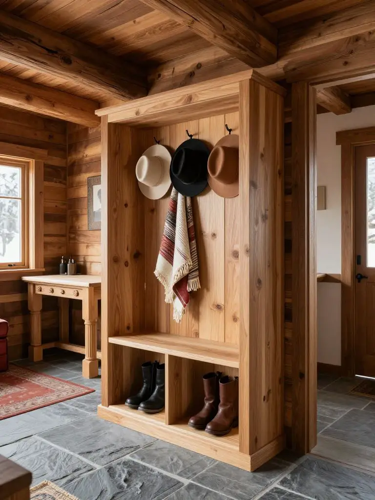 A mountain cabin entryway featuring built-in wood cubbies crafted from light oak with visible grain texture.