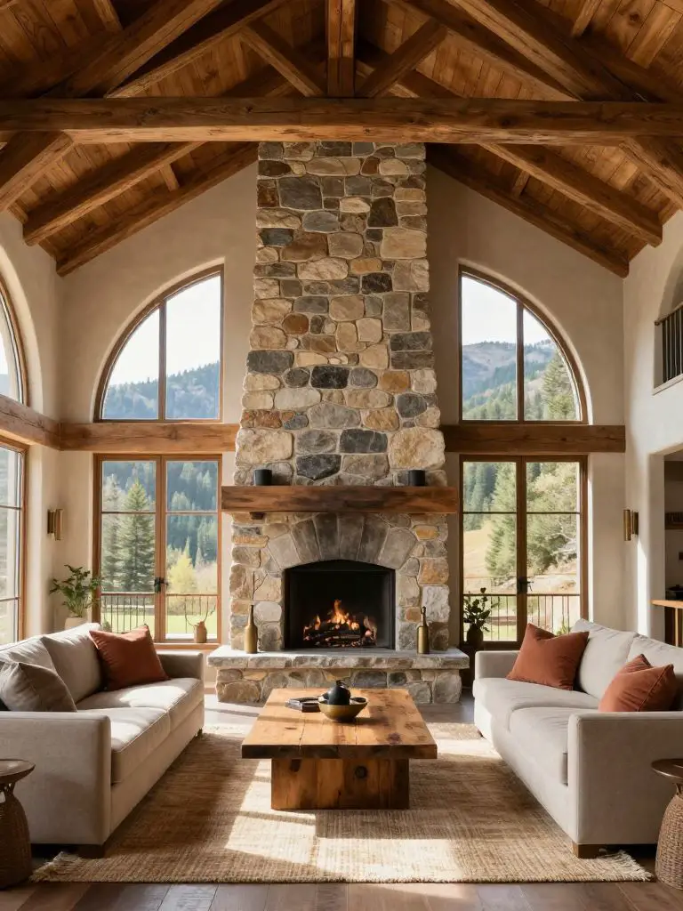 A mountain-view great room with a towering stone fireplace and dramatic arched windows framing distant forested hills.