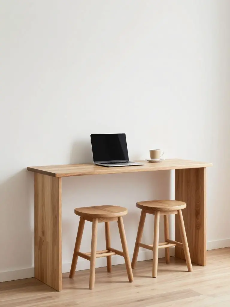 interior photography of slim console table in natural oak against white wall serving as dining surface, two backless wooden stools tucked co.