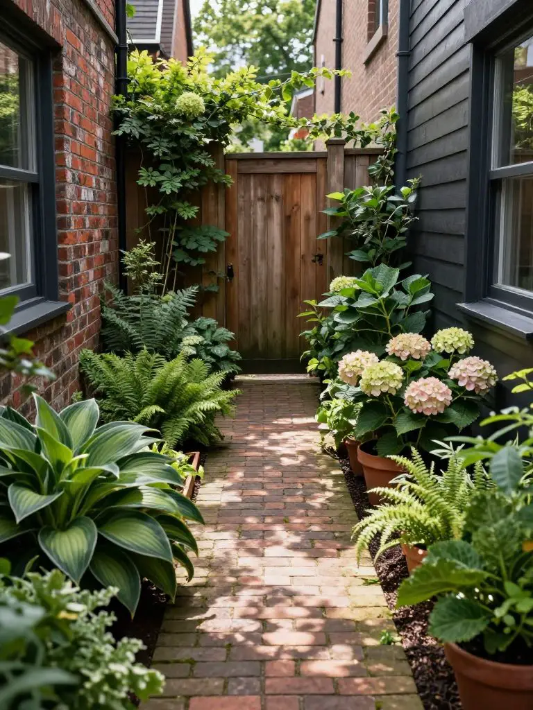 A narrow side-yard small garden designed in a Warm Minimalist meets English cottage style, featuring a brick pathway leading through dense l.
