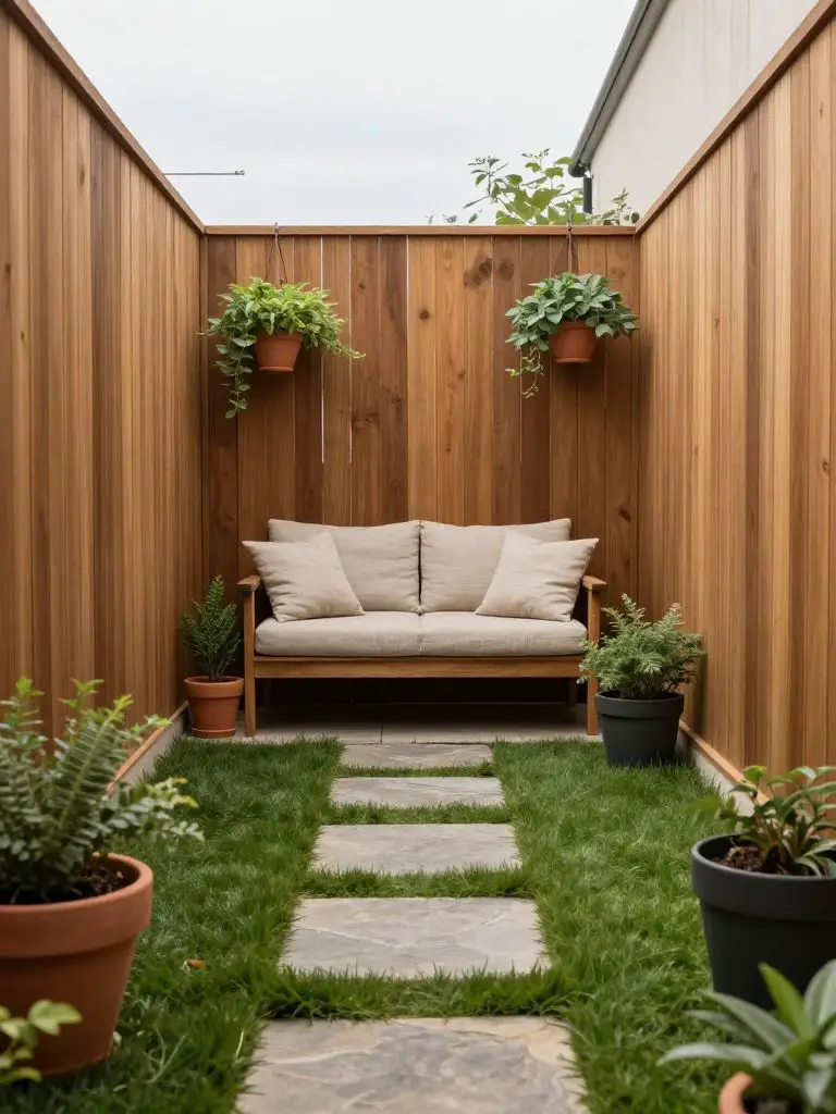 A narrow courtyard garden with wooden boundary fencing and a centered wooden loveseat accented by neutral linen cushions.