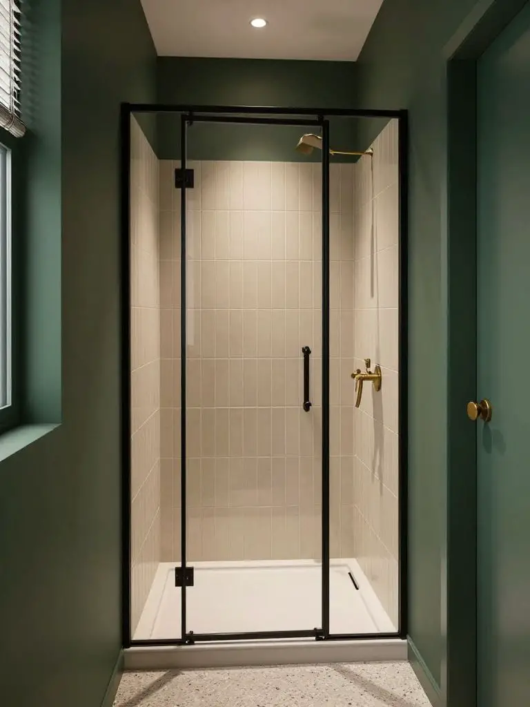 A narrow dark green bathroom showcasing a black-framed glass shower enclosure as the focal point.